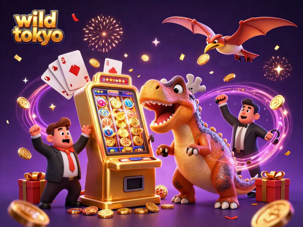 Join the excitement of wild tokyo where dinosaurs interact with slot machines in an enchanting casino scene.