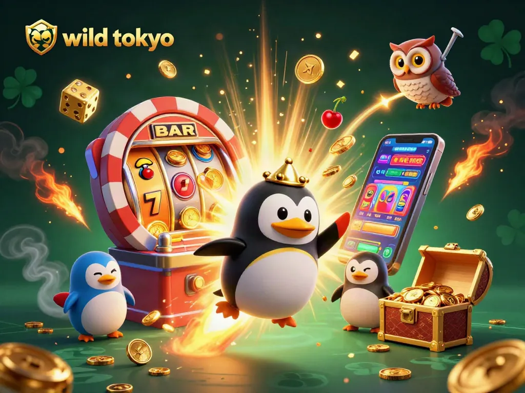 Spin and win at wild tokyo casino with a golden penguin and jackpot symbols exploding in a vibrant 3D scene.
