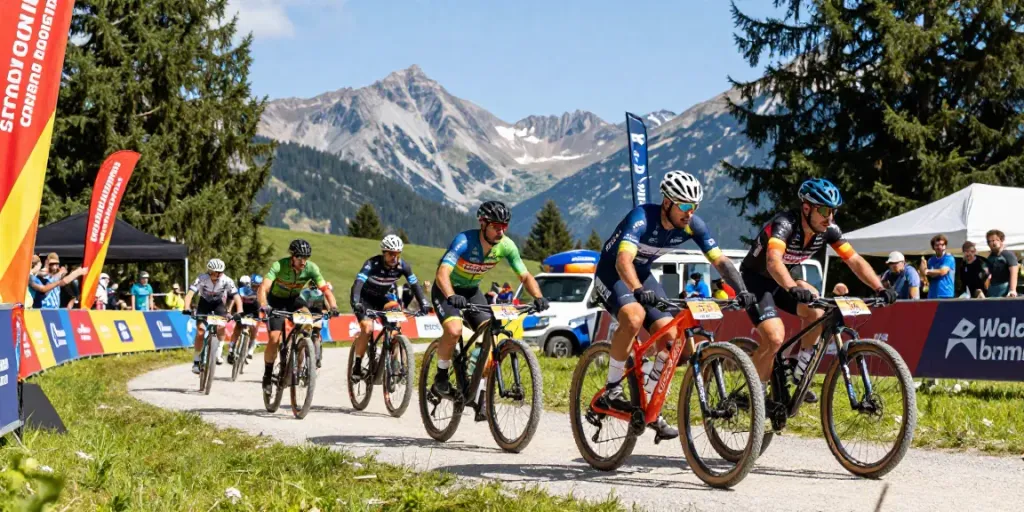 A dynamic cycling race at the 2026 MTB World Championships, showcasing intense competition and scenic mountains, highlighting news ciclismo.