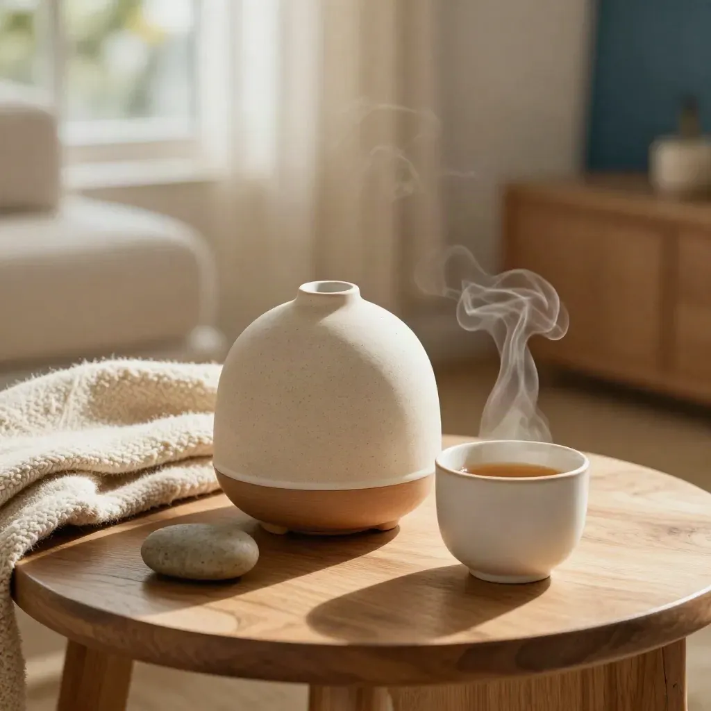 Diffusore in ceramica salvia, tisana fumante e coperta chiara in un angolo relax caldo.