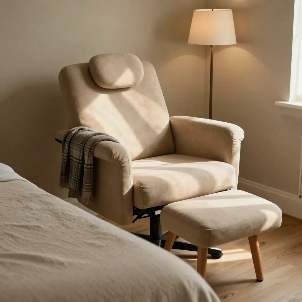 sedia da studio vuota con cuscino lombare, plaid e lampada spenta in luce calda