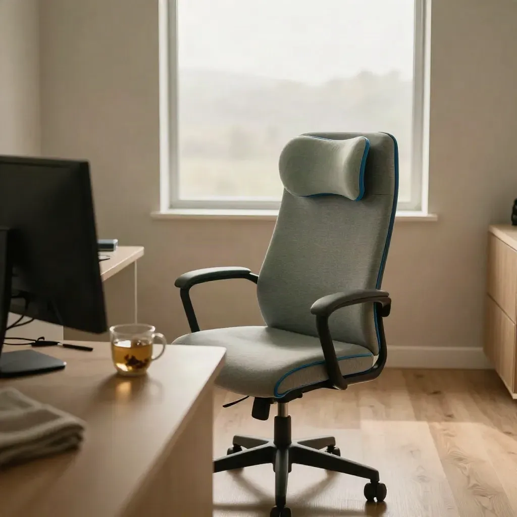 Postazione ufficio vuota con sedia ergonomica, cuscino cervicale e luce mattutina dalla finestra.