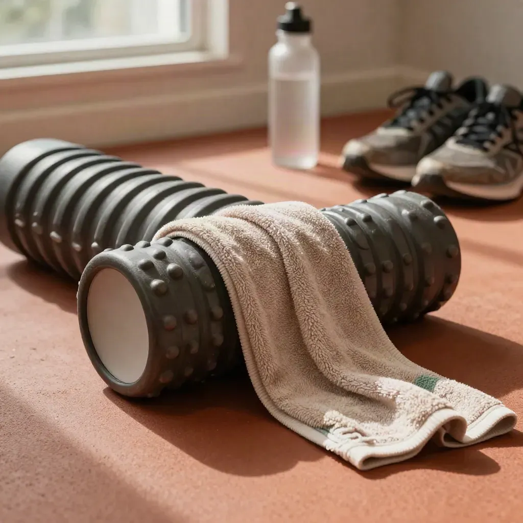 Zona recupero sportivo con foam roller, palla da massaggio, asciugamano e scarpe da corsa.
