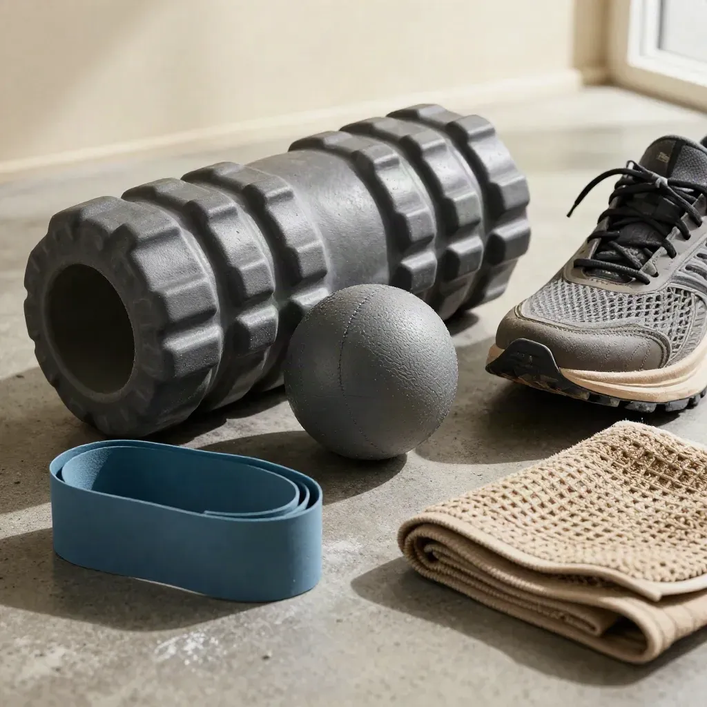 Oggetti per il recupero sportivo: foam roller, pallina, fascia elastica, asciugamano e scarpa consumata.
