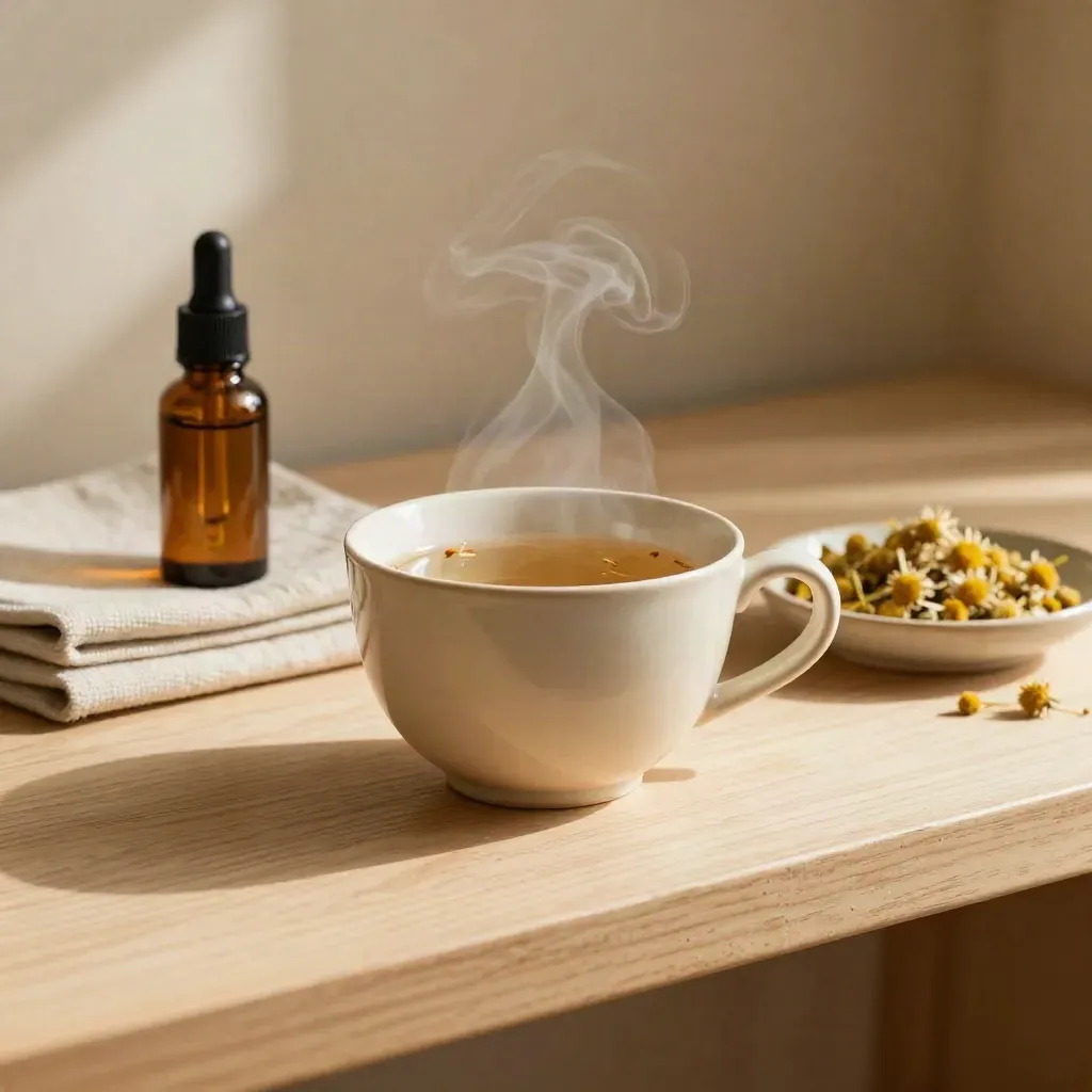 Tisana alle erbe con tazza in ceramica, bottiglia ambrata e asciugamani piegati su mensola chiara