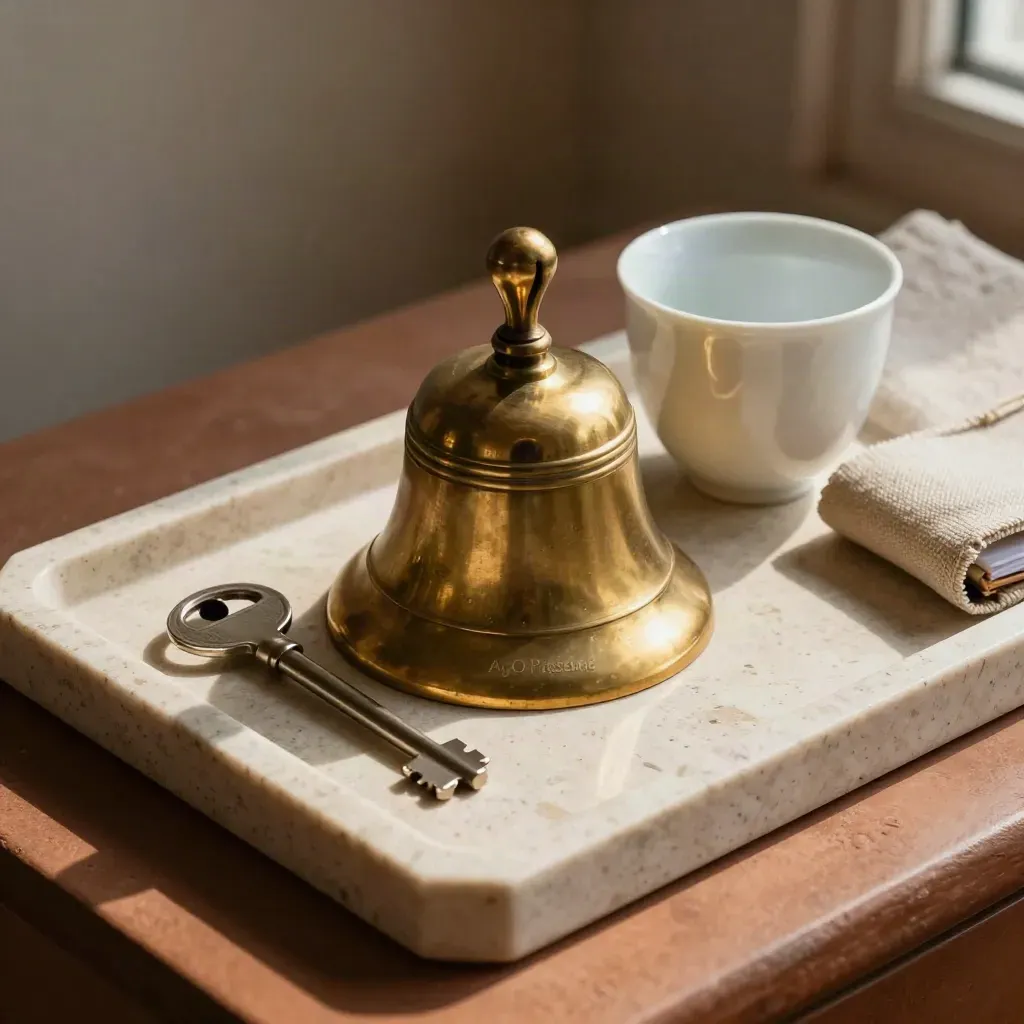 Campanello in ottone su travertino con tazza in porcellana e agenda chiusa in lino.