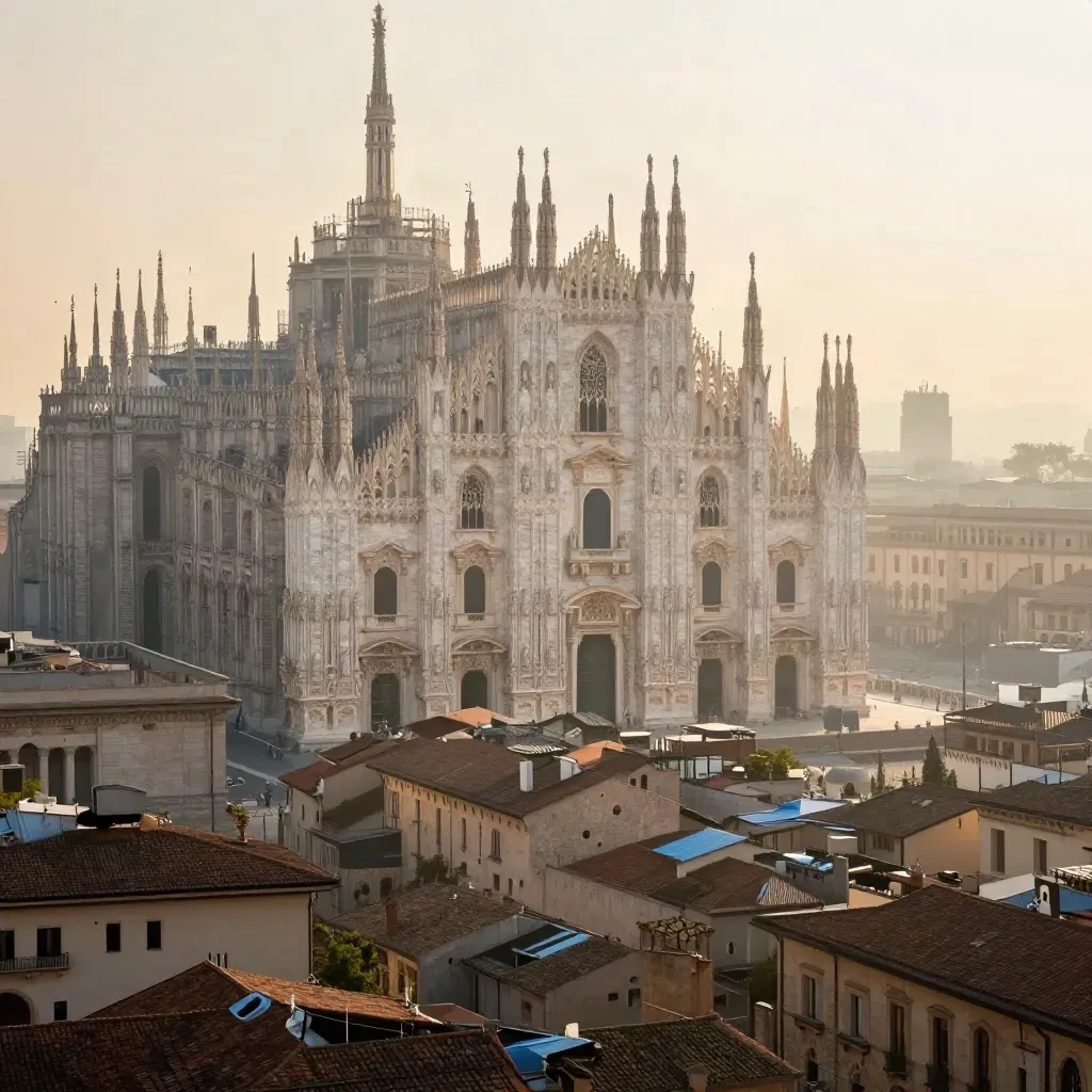 Duomo di Milano e skyline velato nella luce dorata del mattino.