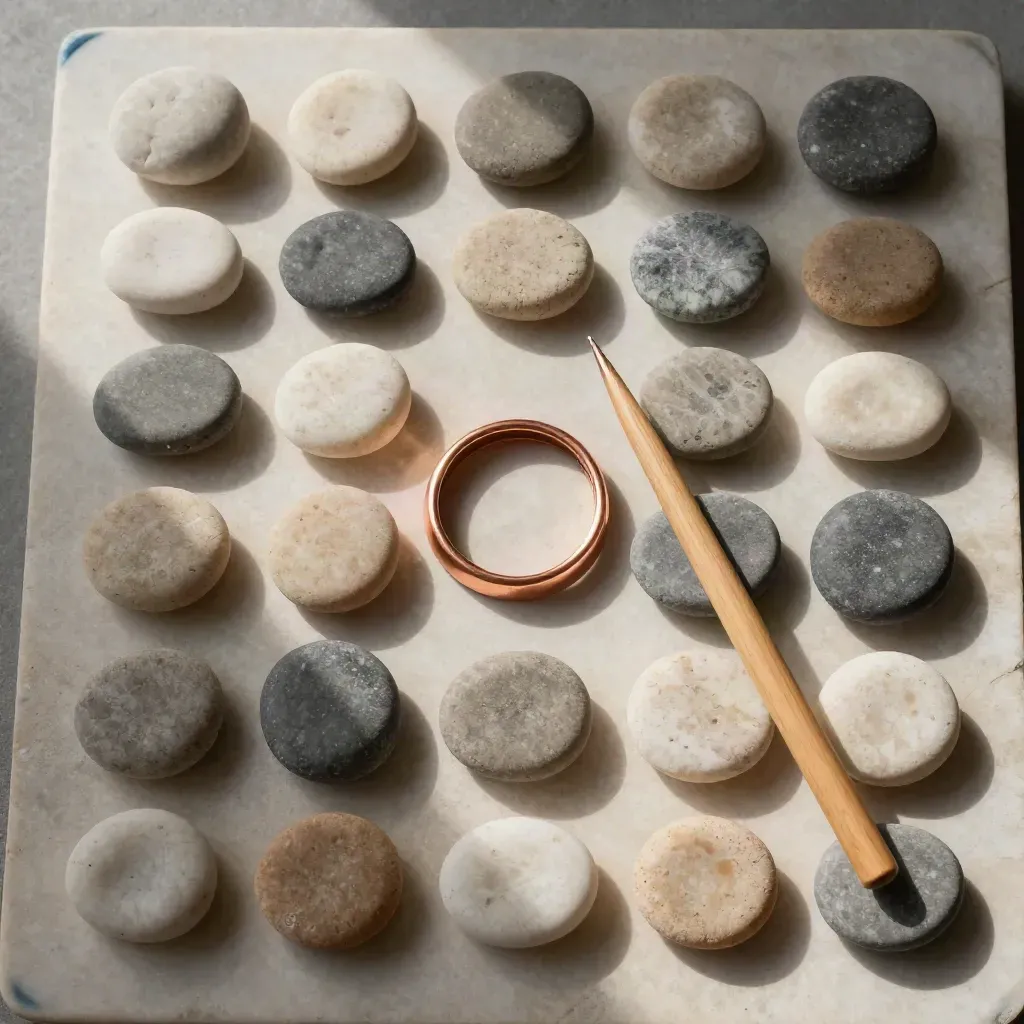 Ciottoli in griglia con anello di rame e bastoncino su pietra chiara.