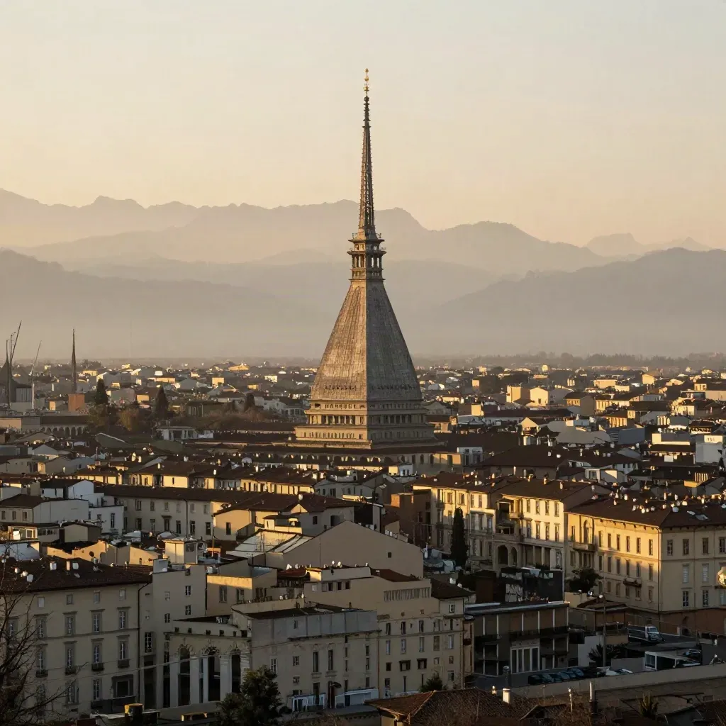 Torino al tramonto con Mole Antonelliana e collina in controluce, cielo lattiginoso