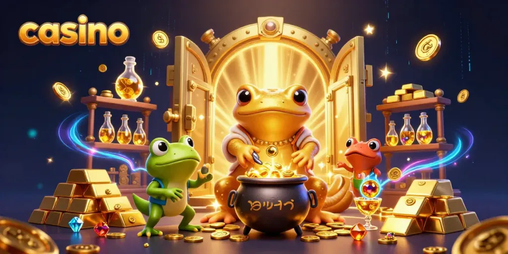 Experience the thrilling casino atmosphere with a golden salamander alchemist and treasure-filled scene.
