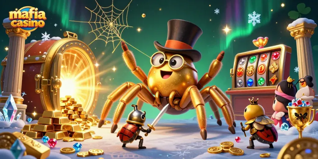 Mafia casino scene with golden tarantula and knight, jackpot reels, rich visual elements.