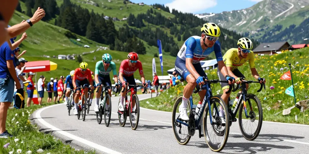 Notizie ciclismo: ciclisti professionisti in gara su una strada montana, Pogačar alla guida, atmosfera di competizione.